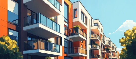 Modern apartment complex featuring balconies windows and outdoor amenities in a contemporary architectural style Mixed media representation
