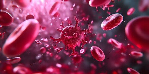 An abstract depiction of red blood cells and a virus, showcasing the intricate dynamics of human blood and disease.