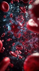 A detailed illustration of a virus interacting with red blood cells, representing health and disease concepts in the human body.