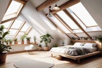 a luxury attic bedroom suite with a large, comfortable bed and elegant decor The room features soft lighting from a stylish lamp, wooden floors, and plush carpets, creating a classic