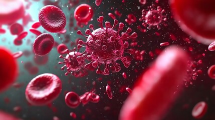 Abstract visualization of a virus surrounded by red blood cells, symbolizing health and disease in a biological context.