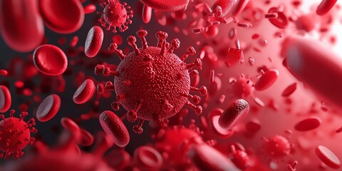 Close-up view of red blood cells and a virus, illustrating the microscopic world of pathogens and human health.