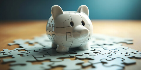 A white piggy bank shaped like a puzzle sits on a table with pieces of a puzzle scattered around it.