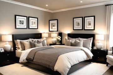 Fototapeta premium A comfortable luxury bedroom with a neatly made bed, soft pillows, a wooden table, and a stylish lamp by the window, showcasing modern interior design in a cozy home at night