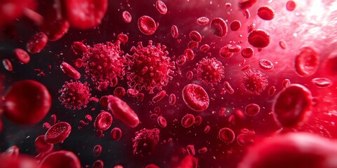 An abstract illustration of red blood cells and viruses, showcasing the complexity of human biology and microscopic life.