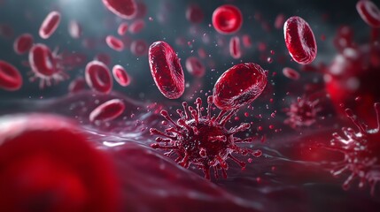 Fototapeta premium Microscopic view of red blood cells interacting with pathogens, showcasing the dynamic nature of blood and immune response.