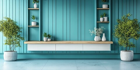 aqua and white modern wooden wall retail display shelf with drawer, wooden panels wall and modern carving motif 