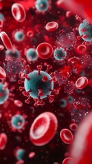 This vibrant close-up image features viruses surrounded by red blood cells, illustrating the microscopic world of infection.