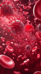 Close-up view of blood cells and viruses in a dynamic, vibrant red environment, illustrating the complexity of human biology.