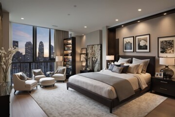 Comfortable bedroom with plush bed, elegant furniture, and soft light filtering through the window at evening