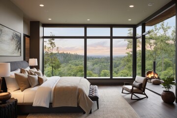Fototapeta premium Modern minimalist bedroom with large window view of jungle, featuring plush bed, minimalist furniture, and soft curtains