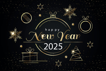 HAPPY NEW YEAR black and gold vector brush calligraphy banner with swashes and stars