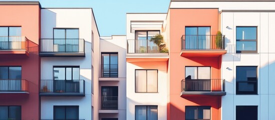Modern apartment buildings featuring windows and balconies showcasing a contemporary architectural design with outdoor amenities Mixed media