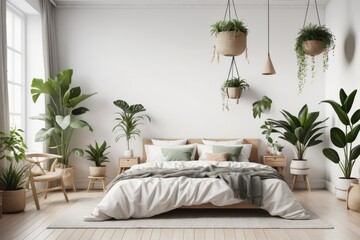 Contemporary double bedroom with plush pillows, soft lighting, and minimalist decor of potted plant
