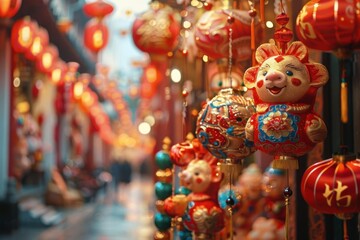 Naklejka premium Vibrant Chinese New Year decorations with red lanterns and festive ornaments create a joyful atmosphere in a traditional market street.