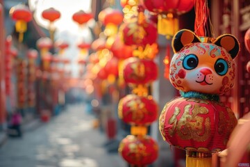 A vibrant street decorated with red lanterns and a cute tiger lantern, celebrating Chinese New Year. Festive atmosphere with traditional decorations.