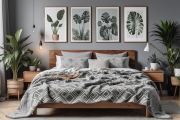 Modern grey bedroom furniture, including a bed, pillows and drawing