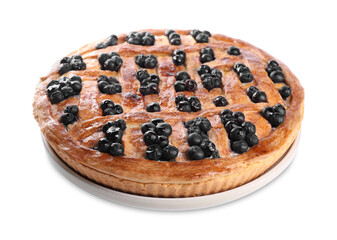 Tasty homemade pie with blueberries isolated on white
