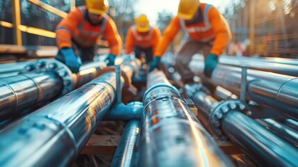 Workers in protective gear inspecting metal pipelines at a construction site, ensuring proper installation and safety standards.