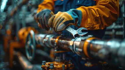 Worker in protective gear tightens a pipe using a wrench in an industrial setting. Focus on hands and tools, emphasizing manual labor.