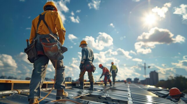 Workers on rooftop in safety gear, under cloudy sky, focused on roofing. Construction site with teamwork and tools in sunlight.