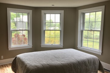 Fototapeta premium Contemporary double bedroom with plush pillows, soft lighting, and minimalist decor