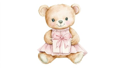 Watercolor artistic image of a cute baby bear in a dress, sitting on his hind legs while holding a gift in his hands. The seamless design emphasizes the charming, whimsical nature of the illustration,