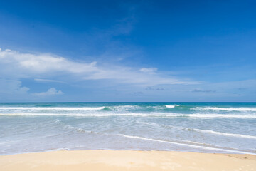 Beautiful tropical beach summer seascape,Amazing sandy beach and sea in sunny day,Blue sky in good weather day, Beach sea space area nature background