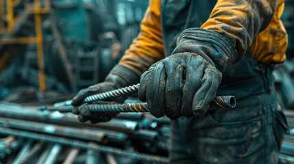 Close-up of construction worker's gloved hands holding steel rebar, demonstrating industrial labor in a construction site.