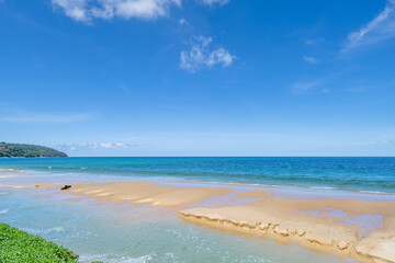 Beautiful tropical beach summer seascape,Amazing sandy beach and sea in sunny day,Blue sky in good weather day, Beach sea space area nature background