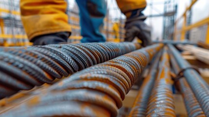 Close-up of steel rebar used in construction, with workers handling the material. Industrial site showcasing infrastructure development.