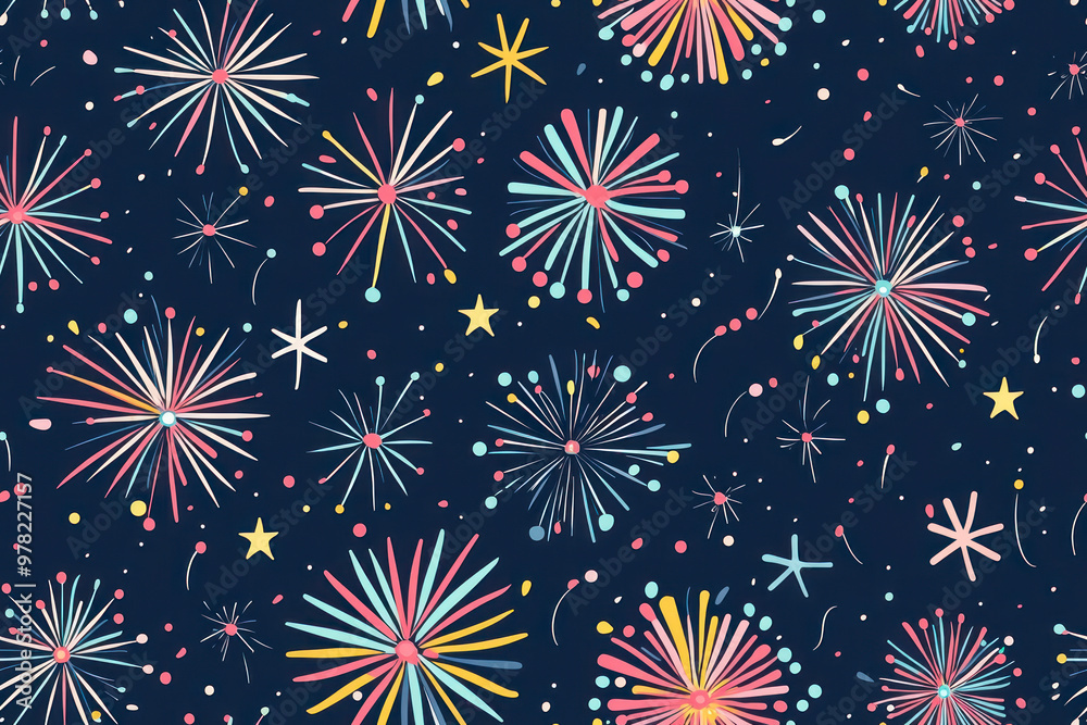 Wall mural colorful fireworks in night sky seamless pattern, bright on dark blue background. flat style.