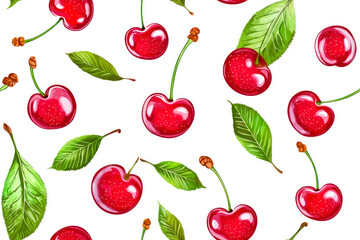 Seamless pattern of cherry fruit with green leaves on white background.