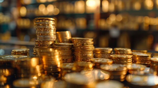Stacks of gold coins symbolizing financial success and wealth
