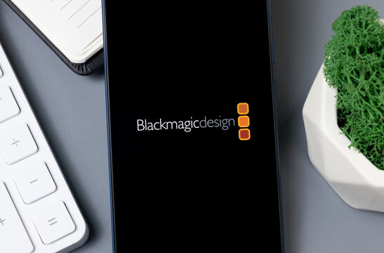 New York, USA - 30 August 2024: Blackmagic Design Logo on Phone Screen, Company Icon on Display