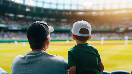 A father and son enjoy baseball game together, both wearing team jerseys, creating heartwarming moment.