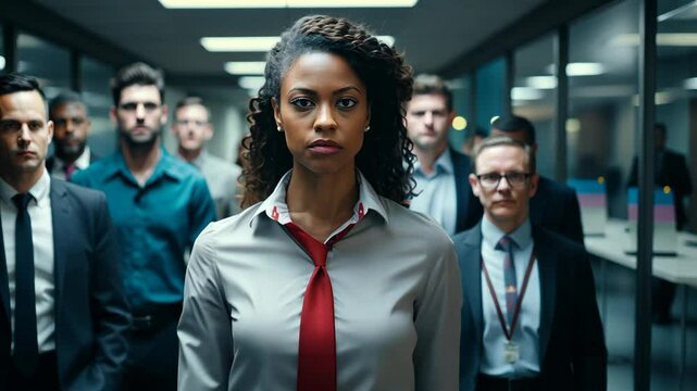 Gender Inequality in the Workplace concept. African-American woman in an office surrounded by men. Racial and sexist discrimination at work.