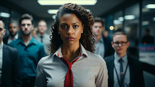 Gender Inequality in the Workplace concept. African-American woman in an office surrounded by men. Racial and sexist discrimination at work.