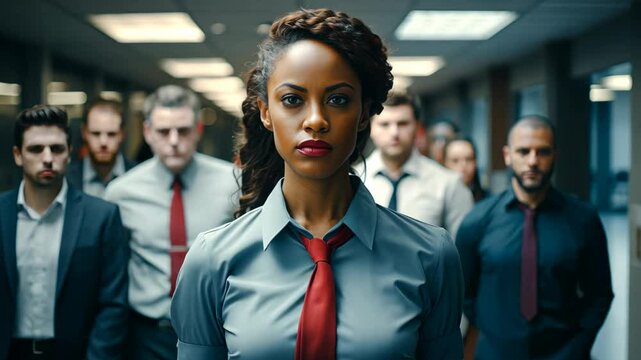 Gender Inequality in the Workplace concept. African-American woman in an office surrounded by men. Racial and sexist discrimination at work.