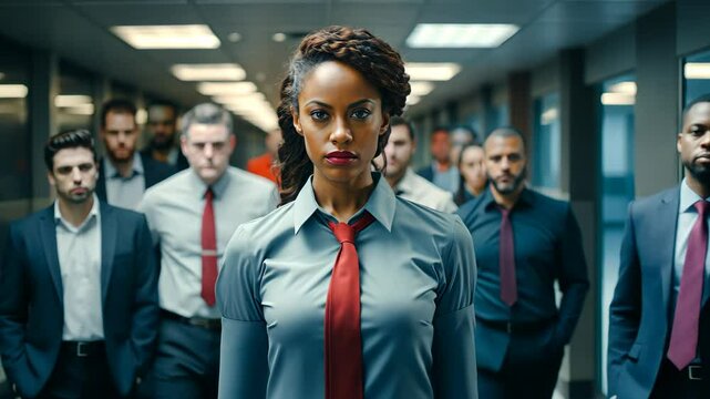 Gender Inequality in the Workplace concept. African-American woman in an office surrounded by men. Racial and sexist discrimination at work.