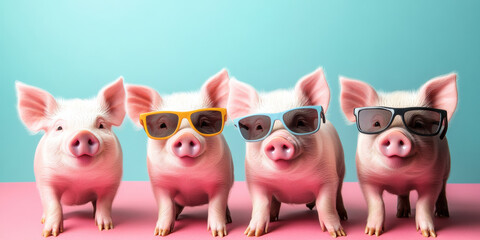 Obraz premium Fun and stylish pigs wearing sunglasses pose together in vibrant setting