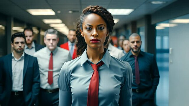 Gender Inequality in the Workplace concept. African-American woman in an office surrounded by men. Racial and sexist discrimination at work.
