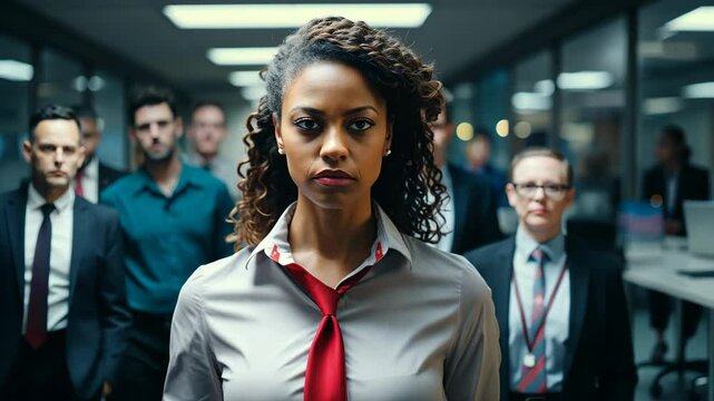 Gender Inequality in the Workplace concept. African-American woman in an office surrounded by men. Racial and sexist discrimination at work.