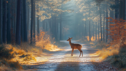Fototapeta premium A serene deer stands on tranquil forest path, surrounded by tall trees and soft autumn light. peaceful atmosphere evokes sense of calm and connection with nature.