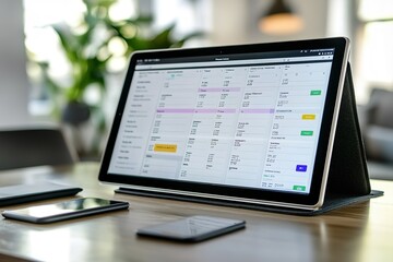 Digital calendar on a tablet with notifications set on a contemporary desk with other productivity tools