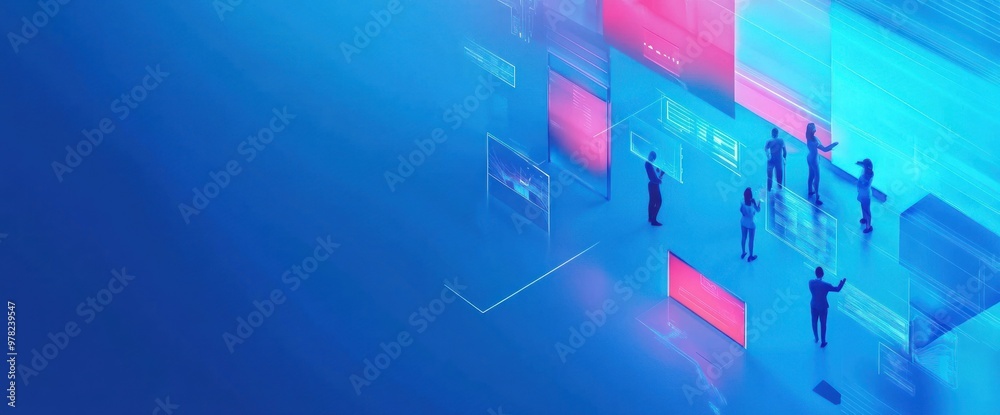 Poster abstract digital scene with figures interacting with holographic displays.