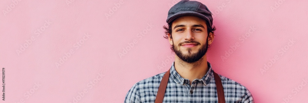 Canvas Prints A smiling man in a checked shirt and cap stands against a pink background.