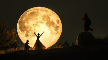 A magical night scene featuring large moon, with figures dancing and celebrating under its glow