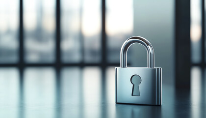 A close-up of a shiny padlock on a reflective surface, symbolizing security and protection in a modern workspace.