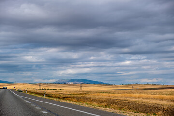 A deserted highway through fields of yellow grass.